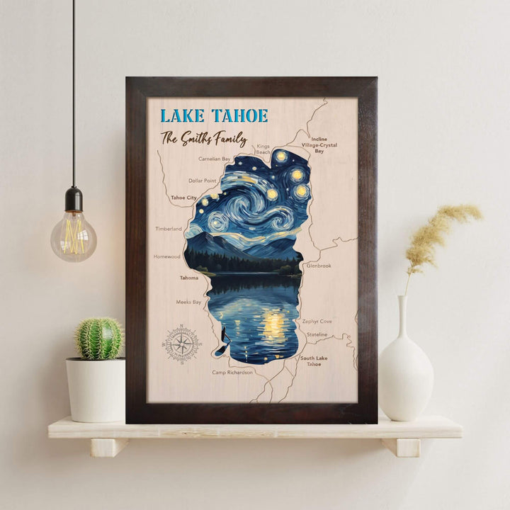 lake tahoe wood map, custom lake wood map, engraved lake map