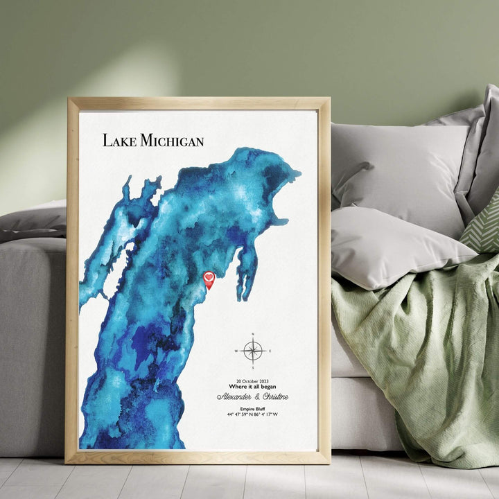 custom lake map, lake artwork, anniversary gift & lake decor, watercolor lake painting, lake wall art