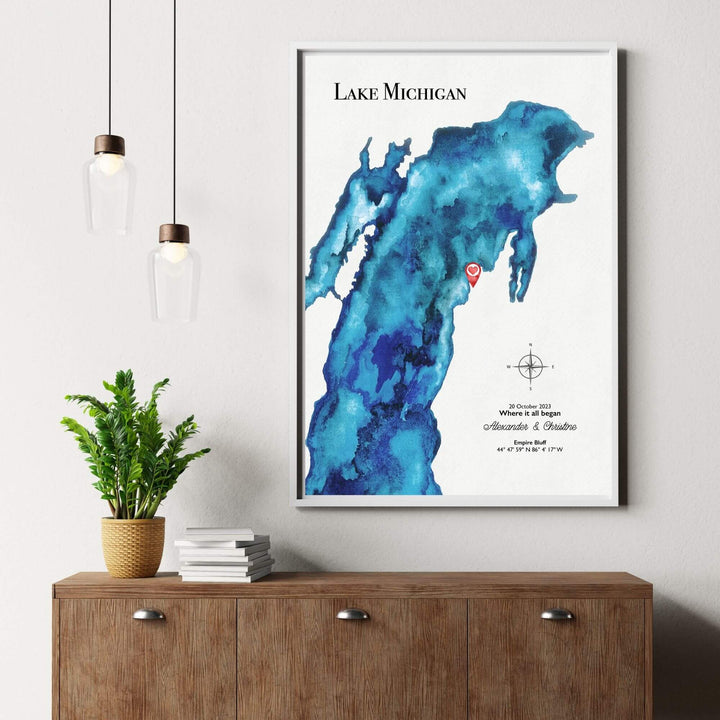 custom lake map, lake artwork, anniversary gift & lake decor, watercolor lake painting, lake wall art