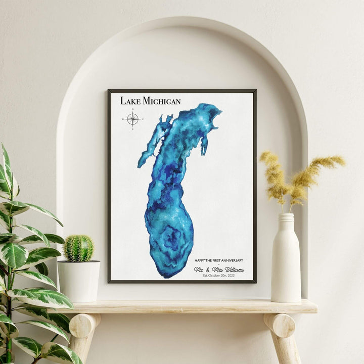 lake artwork, lake painting, lake map art, custom lake map, lake art