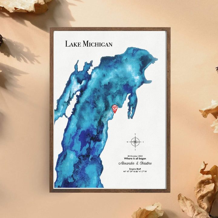 custom lake map, lake artwork, anniversary gift & lake decor, watercolor lake painting