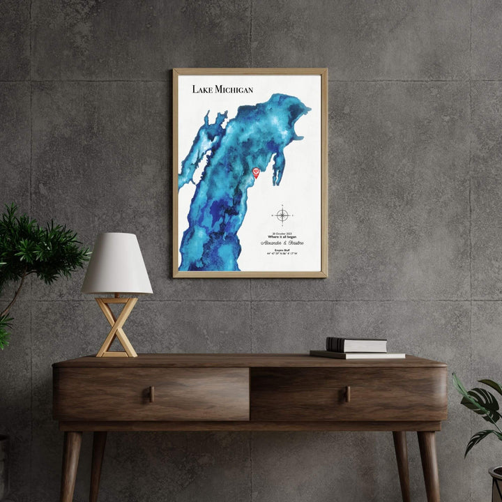 custom lake map, lake artwork, anniversary gift & lake decor, watercolor lake painting, lake wall art