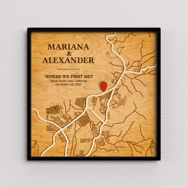 where we met map, wooden where we met, where we first met map, anniversary map gift, valentine gift