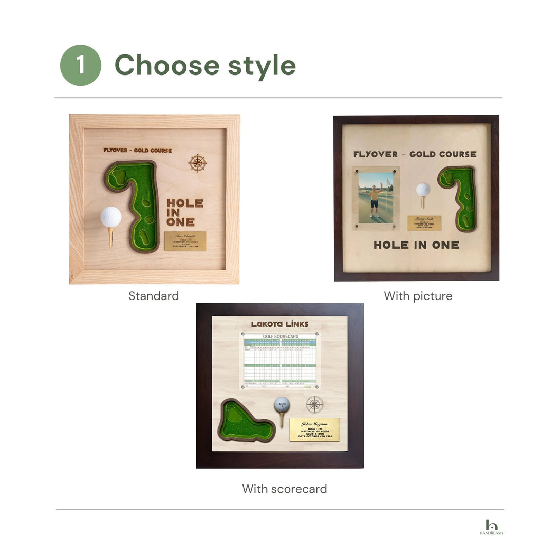 Three framed golf-themed items with different styles on a white background.