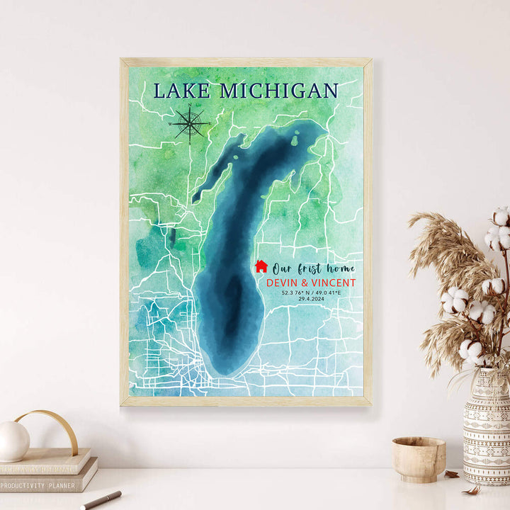 handpainted lake map art, lake map art, lake art, watercolor lake painting, lake painting, custom lake map, lake wall art, lake gift, lake house gift, our first home gift