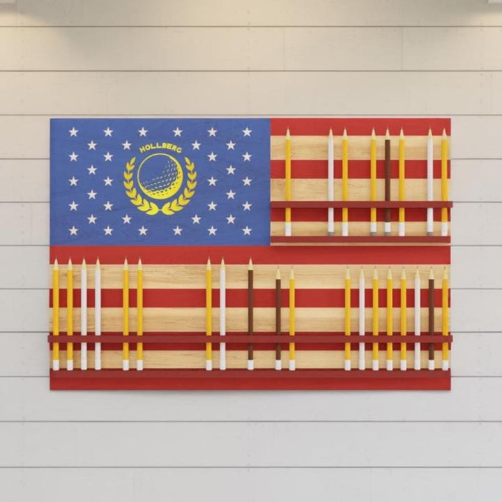 Wooden flag with American design on a wooden background