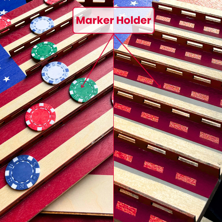 Wooden marker holder with American flag design and colorful markers.