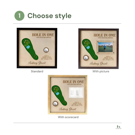 Three styles of golf-themed frames with customizable options on a white background.