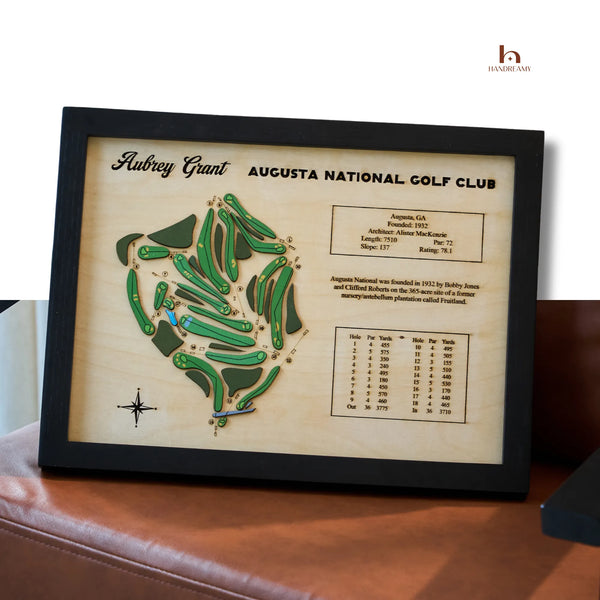 Framed map of Augusta National Golf Club with green layout on a wooden background