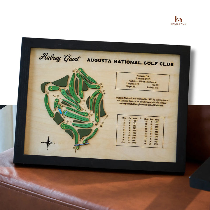 Framed map of Augusta National Golf Club with green layout on a wooden background