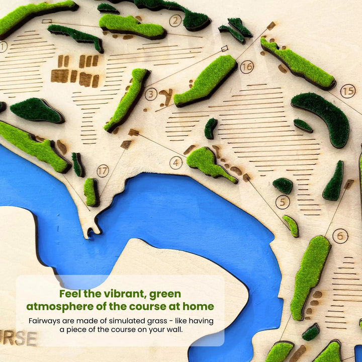 Golf course model with green grass and blue water feature, resembling a real golf course layout.