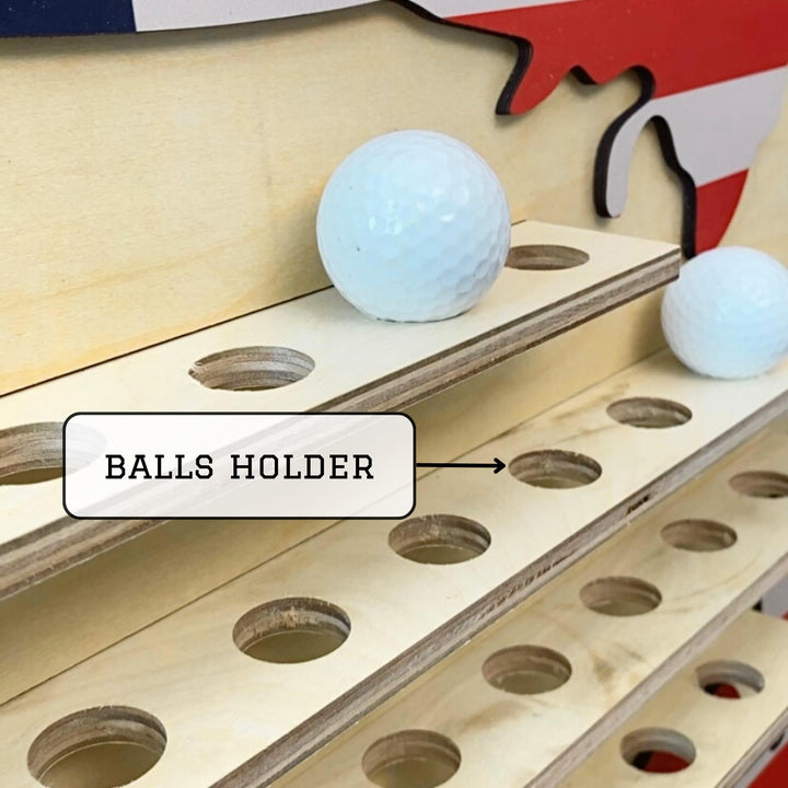 Wooden golf ball holder with labeled 'BALLS HOLDER' and two golf balls.