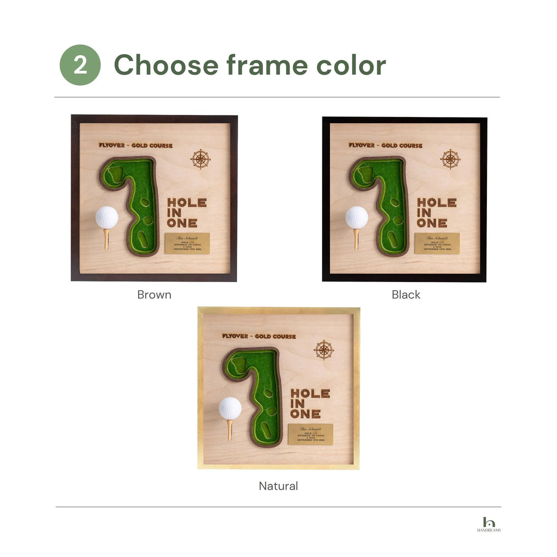 Three framed awards with 'Hole in One' text and golf ball design, labeled Brown, Black, and Natural.