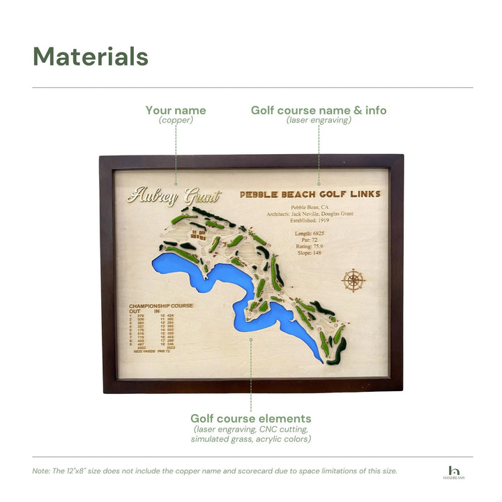Framed golf course map with laser engraving and CNC cutting on a white background