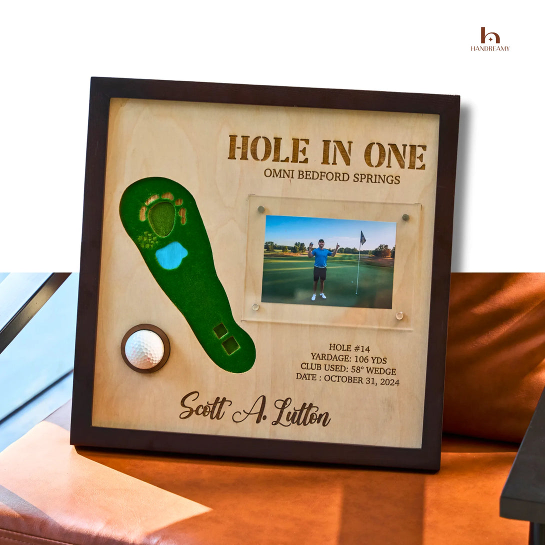 Personalized golf plaque with a picture of a golfer and details on a wooden surface.
