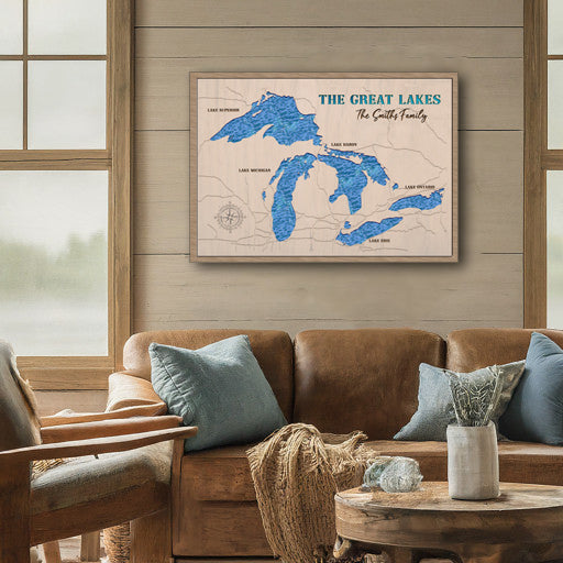 lake art, lake house decor, lake house gift, great lakes  wood map, great lakes 3d nautical wood chart, wood carved great lakes map, great lakes laser cut map