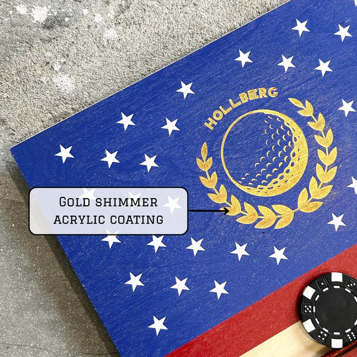 Close-up of a blue and red surface with white stars and a gold emblem, featuring 'Hollberg' branding.