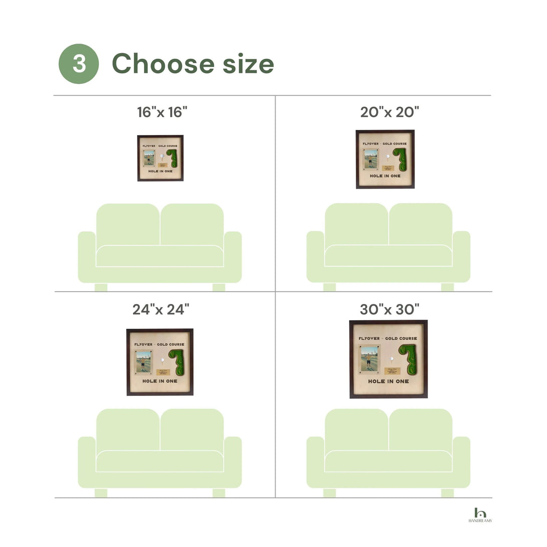 Diagram showing different size options for a framed picture above a sofa.