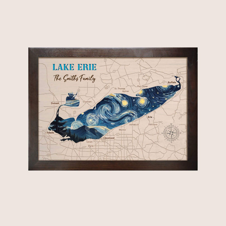 lake erie wood map, custom lake wood map, engraved lake map