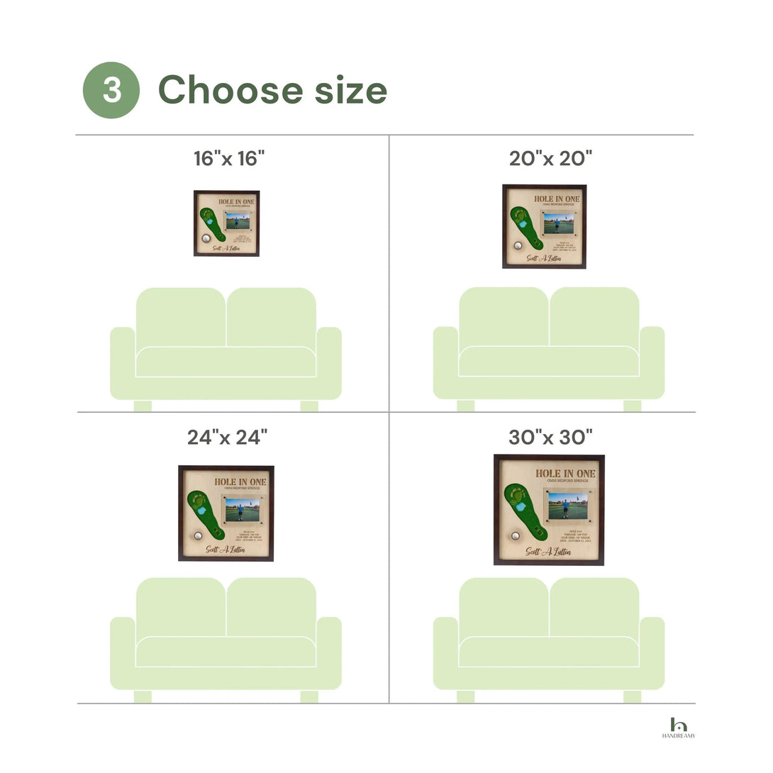 Chart showing different size options for a framed picture with a golf theme.