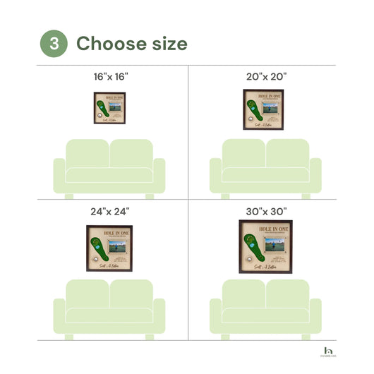 Chart showing different size options for a framed picture with a golf theme.