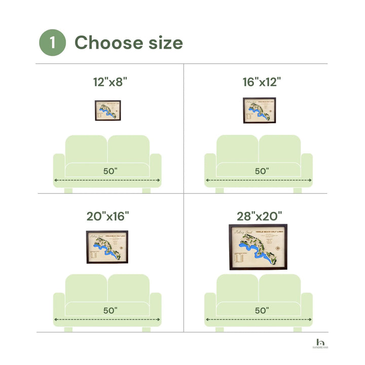 Size chart for frames with dimensions shown on a white background