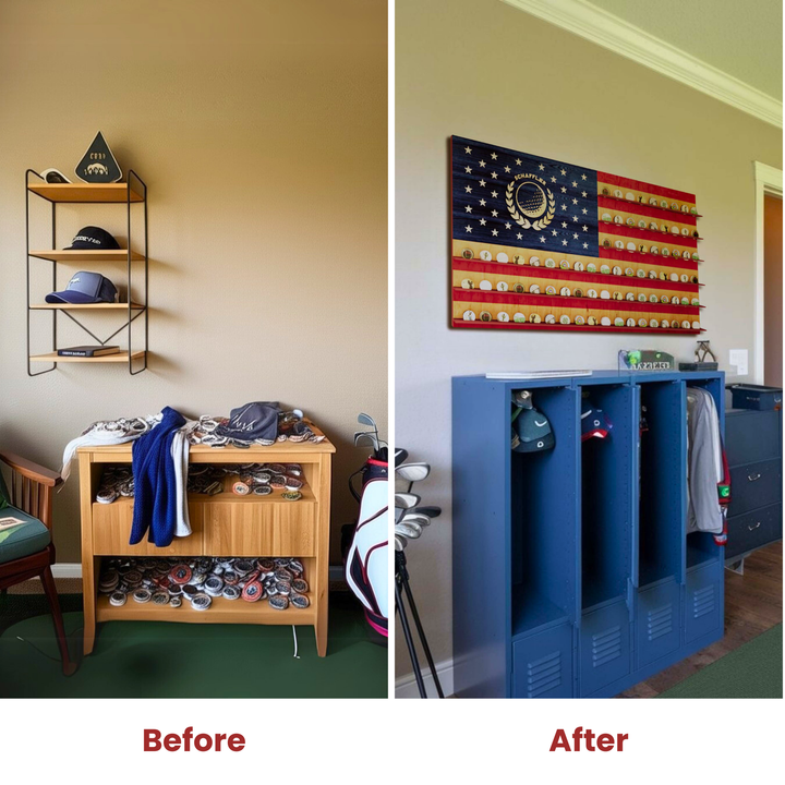 Before and after comparison of a room with storage solutions.