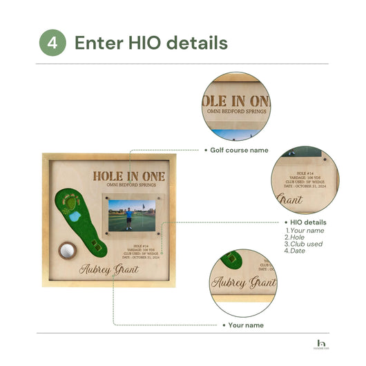 Golf-themed personalized frame with 'Hole in One' design and engraved details on a white background.