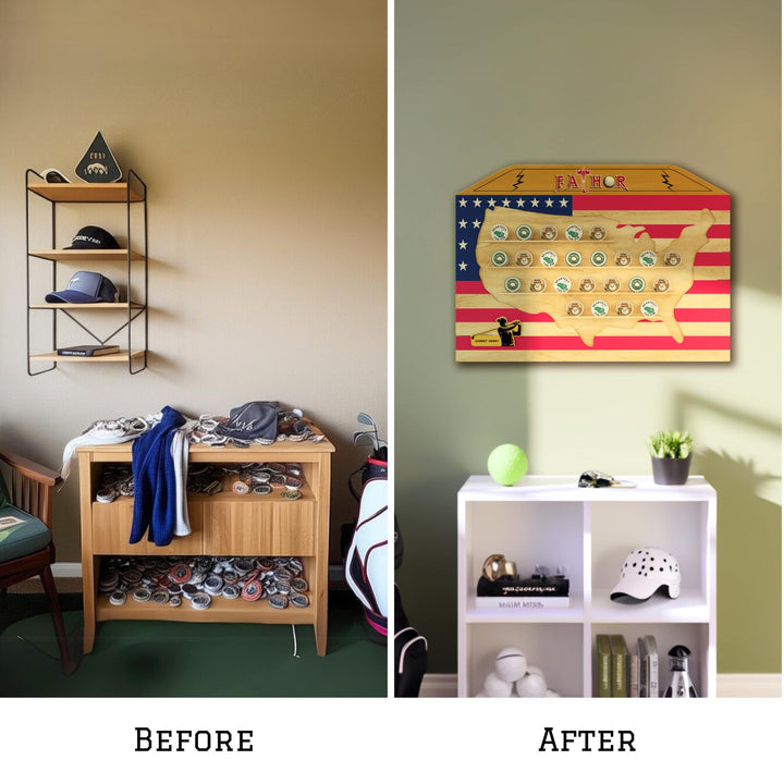 Before and after comparison of a room transformation with shelves and decor changes.