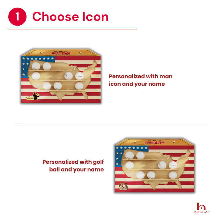 Two wooden golf ball racks with American flag design and customizable options on a white background.