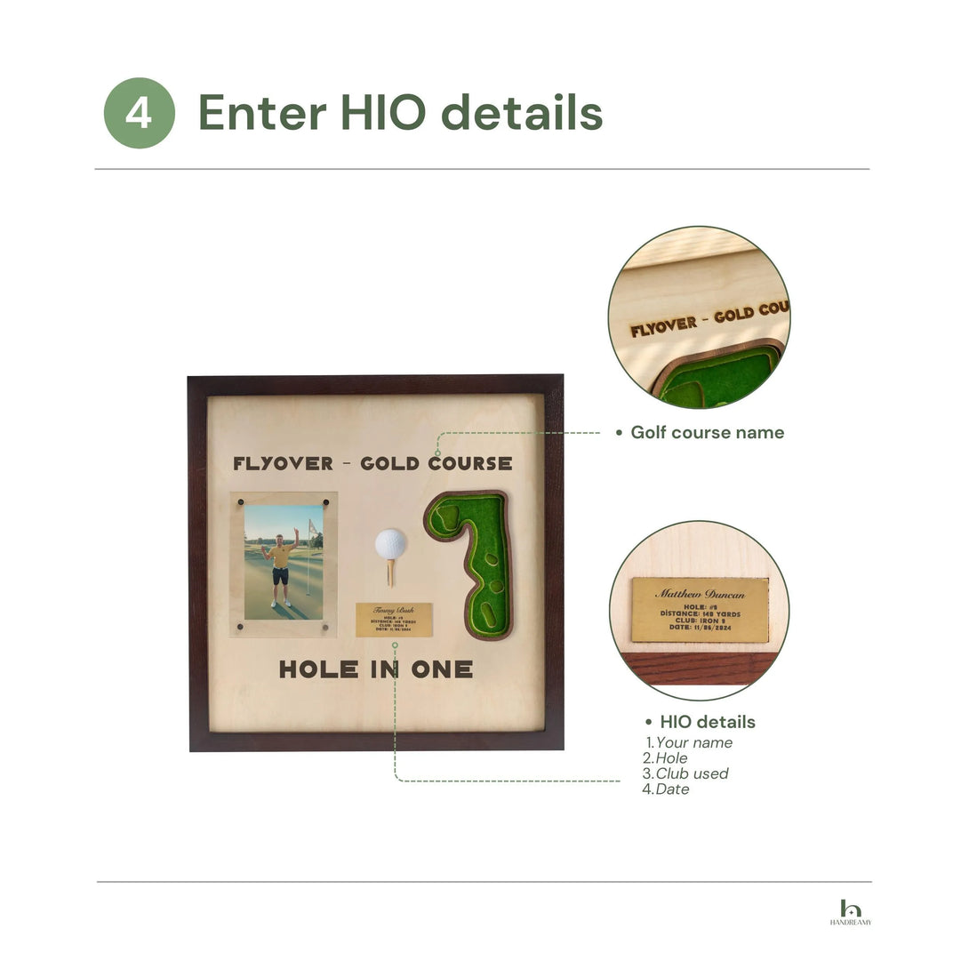 Framed golf-themed display with 'Hole in One' text and golf ball, club, and plaque details.