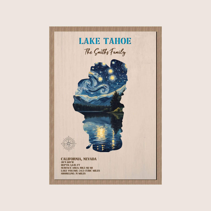 lake tahoe wood map, custom lake wood map, engraved lake map