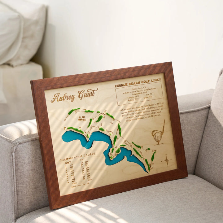 Framed map of Pebble Beach Golf Links on a couch