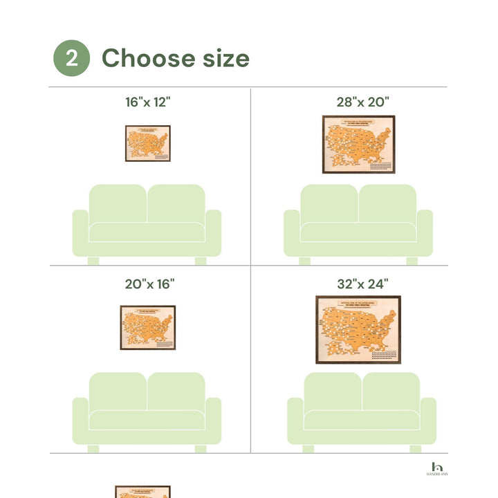 Diagram showing different poster sizes for a couch with corresponding dimensions.