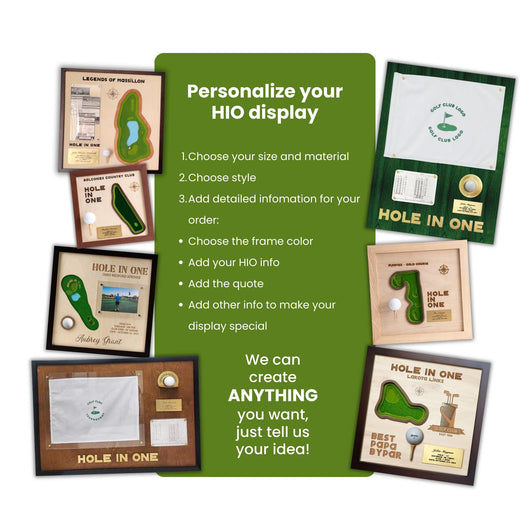 Promotional graphic for personalizing Hole in One displays with customizable options.