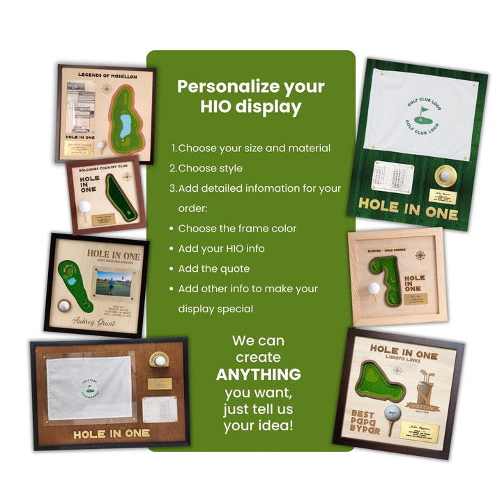 Promotional graphic for personalizing Hole in One displays with customizable options.