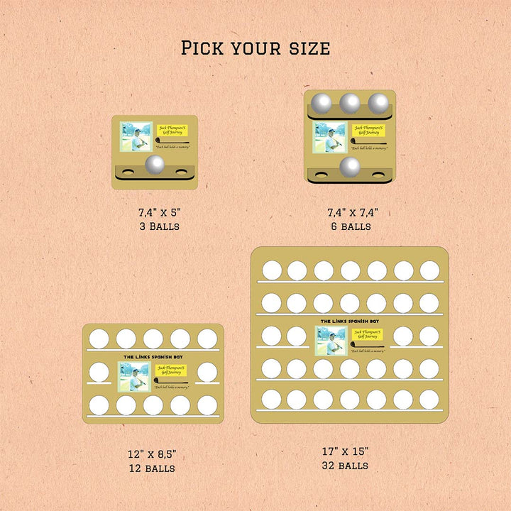 Chart showing different size options for a product with corresponding number of balls on a beige background.