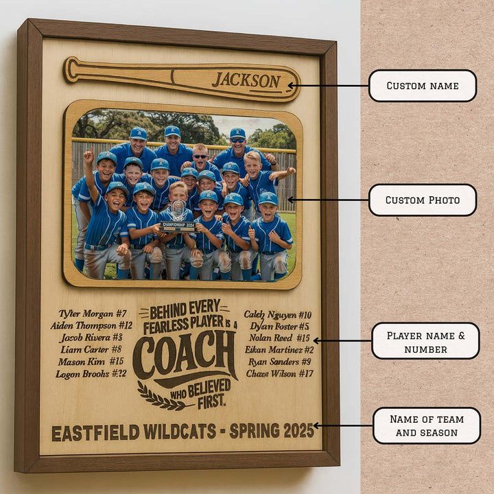 Wooden plaque with engraved text and photo of a baseball team, featuring a bat and 'Jackson' nameplate.