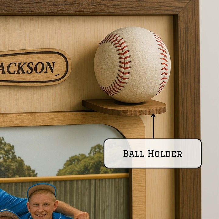 Baseball on a wooden shelf with 'Jackson' branding, labeled 'Ball Holder'.