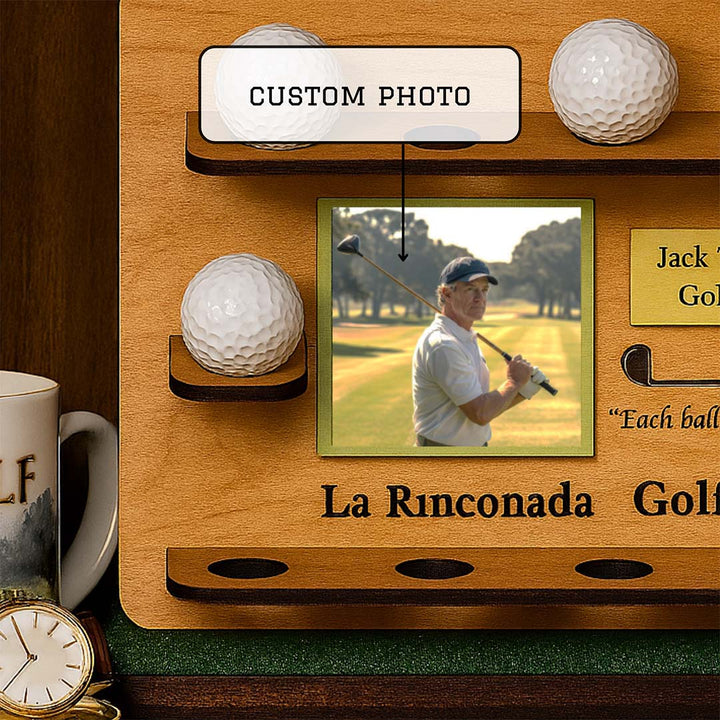 Golf-themed wooden display with golf balls and a photo of a golfer, featuring the text 'La Rinconada Golf'.