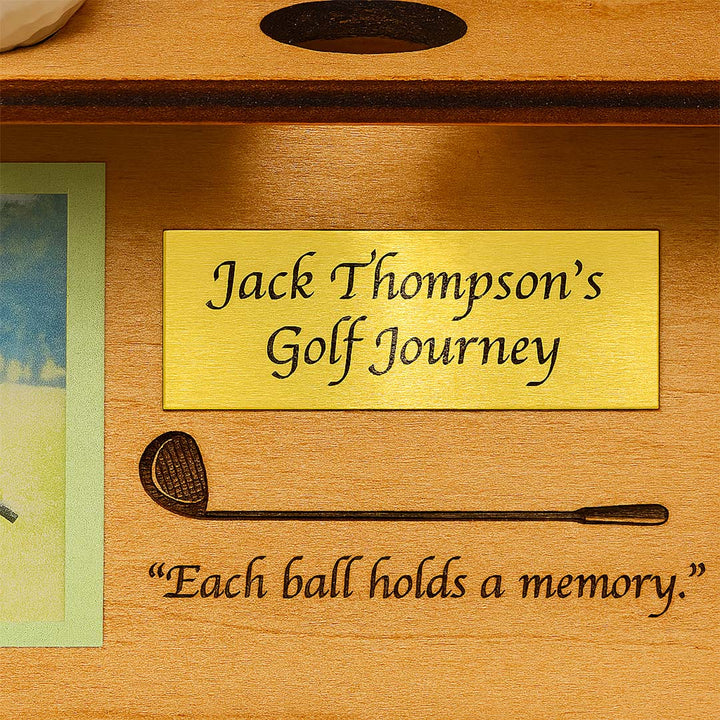 Wooden box with engraved text and golf club design, featuring 'Jack Thompson's Golf Journey' and a golf club illustration.