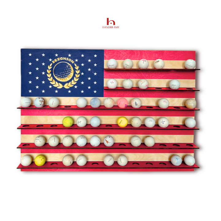Golf ball display with American flag design on a white background