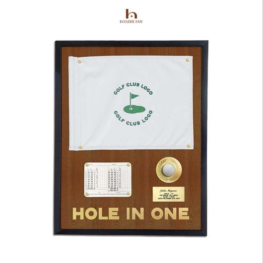 Framed golf-themed plaque with 'Hole in One' text and golf club logo on a white background.