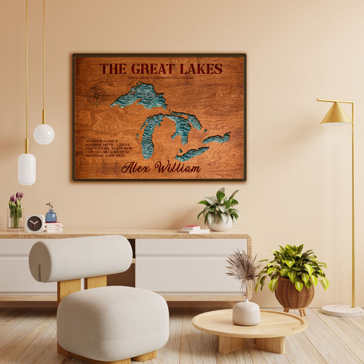 great lakes wood map, great lakes wood chart, great lakes 3d wood map, great lakes 3d nautical wood chart, wood carved great lakes map, great lakes laser cut map