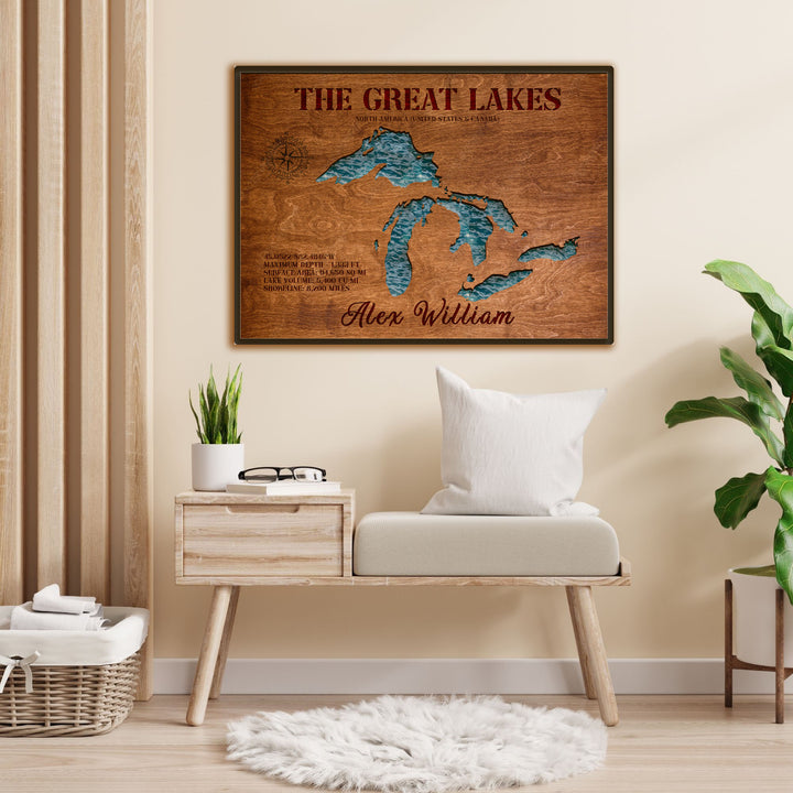 great lakes wood map, great lakes wood chart, great lakes 3d wood map, great lakes 3d nautical wood chart, wood carved great lakes map, great lakes laser cut map