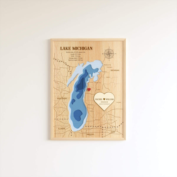 Custom wood topographic lake maps -Anniversary Gift, Valentine Gift