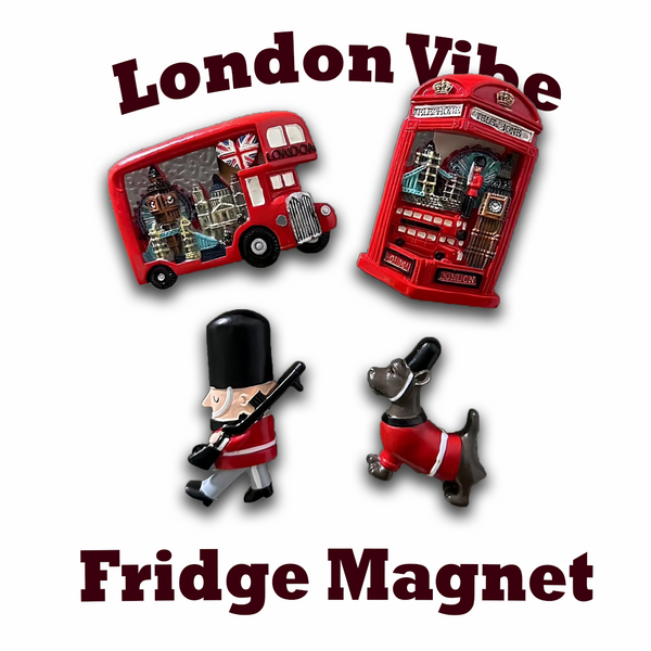 Set of London-themed fridge magnets including a bus, phone box, guard, and dog on a white background.