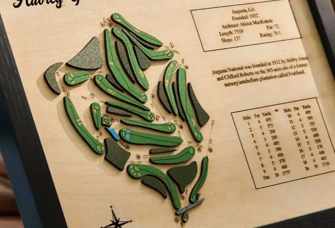 Wooden golf course layout with green markers on a wooden board