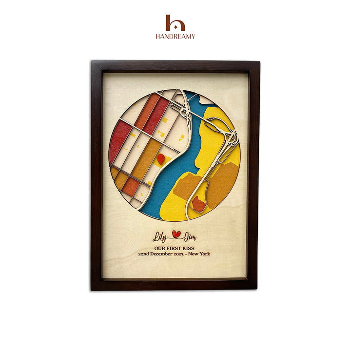 Framed artwork with a colorful design and text on a beige background, featuring the brand 'Handreamy'.