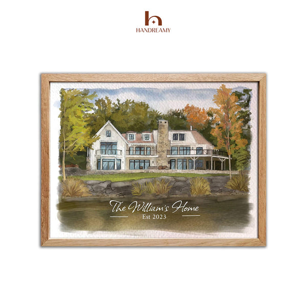 Handpainted Watercolor Lake House Painting